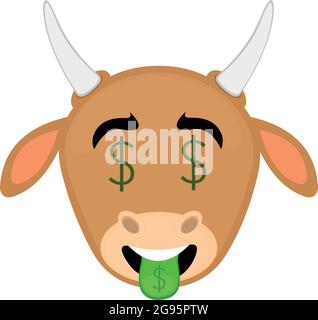 Vettore emoticon illustrazione cartoon di testa di una mucca che ha un'espressione di felicità, con segni del dollaro negli occhi e nella lingua Illustrazione Vettoriale