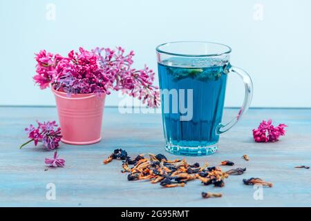 Il pisello biologico della farfalla fiori il tè blu di Anchan in una tazza di vetro e fiori di lilla. Disintossicare una bevanda sana. Foto Stock