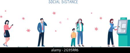 Uomini e donne si trovano in coda a ATM, mantengono la loro distanza. Distanza di sicurezza sociale tra le persone, in modo da non diffondere il virus COVID-19. In linea, per prelevare contanti e mettere denaro sulla carta. Vettore Illustrazione Vettoriale