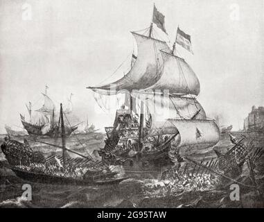 Vittoria sugli spagnoli durante la battaglia navale di Gibilterra, 1607 da una flotta olandese comandata dall'ammiraglio Jacob van Heemskerck, una rivolta armata sotto la guida del protestante Guglielmo d'Orange, quando gli olandesi lottarono per ottenere l'indipendenza dal dominio spagnolo sotto il cattolico Filippo II Foto Stock