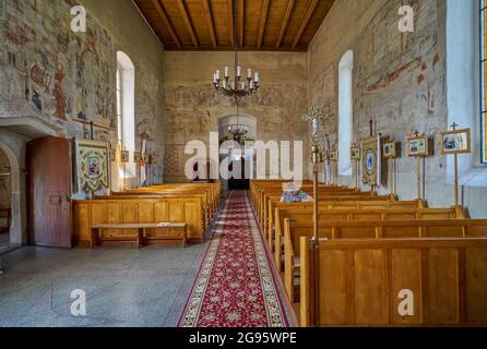 Strzelniki Gotico medievale piccola chiesa di villaggio bassa Slesia Polonia con affreschi 14 ° secolo Biblia pauperum Foto Stock