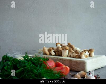 Funghi piccoli, pomodori, sus e spezie su sfondo grigio Foto Stock