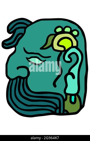 Icona di carattere maschile, anziani e bearded, ispirato da un glifo maya. In tonalità blu-verde Illustrazione Vettoriale