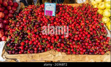 Le ciliegie selvatiche fresche vendute a 80 rubli un chilo, o 11 dollari, al mercato di Sennoy, il più economico a San Pietroburgo, Russia Foto Stock