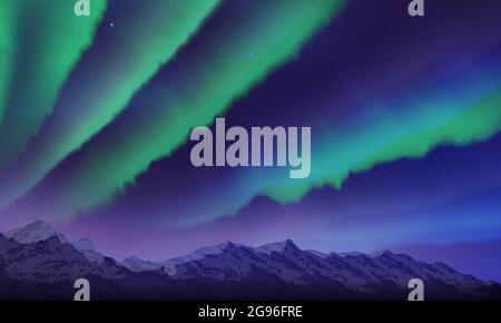 Montagne di neve e aurora boreale paesaggio con stelle, cielo stellato con luci polari, montagna in nebbia, illustrazione vettoriale Illustrazione Vettoriale