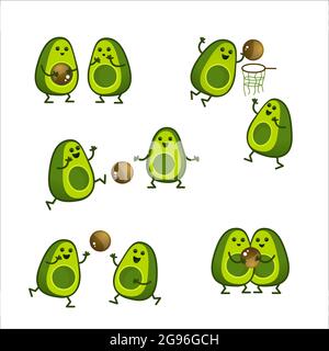 I personaggi del cartoon avocado giocano a palla. Un avocado kawaii tagliato a metà è uno sport. Illustrazione dello stile di vita sano isolata su sfondo bianco. Illustrazione Vettoriale