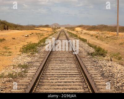 Ferrovia vuota del carbone che carica treno della più grande miniera aperta di pit sul pianeta nel El Cerrejón, la Guajira, Colombia Foto Stock