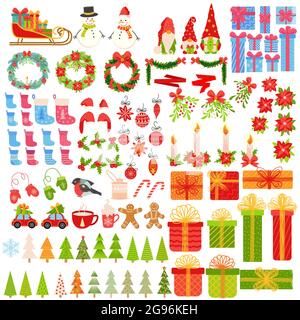 Grande set di elementi di Natale disegnati a mano. Regali, calze, alberi di Natale, gnomi, caramelle, Mistletoe, corone e altri simboli del nuovo anno e. Illustrazione Vettoriale