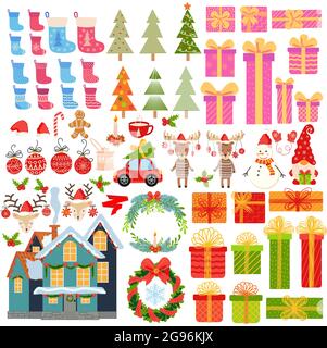Grande set di elementi di Natale disegnati a mano. Regali, calze, alberi di Natale, gnomi, caramelle, Mistletoe, corone e altri simboli del nuovo anno e. Illustrazione Vettoriale