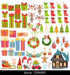 Grande set di elementi di Natale disegnati a mano. Regali, calze, alberi di Natale, gnomi, caramelle, Mistletoe, corone e altri simboli del nuovo anno e. Illustrazione Vettoriale