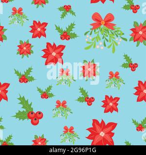 Motivo senza cuciture con fiori di poinsettia disegnati a mano e rami floreali e bacche, mistetoe, fiori di natale Illustrazione Vettoriale