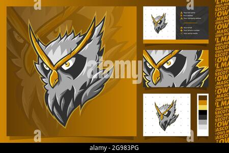 Mascotte OWL Head, modello con logo emblema con biglietto da visita ed elementi a motivo senza cuciture isolati su sfondo sfumato Illustrazione Vettoriale