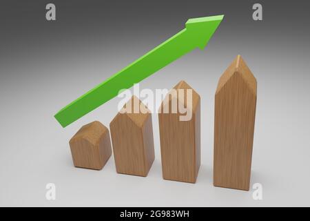 Forme puristiche della casa di legno con una freccia di upswing. Boom immobiliare, mercato immobiliare in crescita, alta domanda di immobili, casa prezzi in aumento concetto, 3 Foto Stock