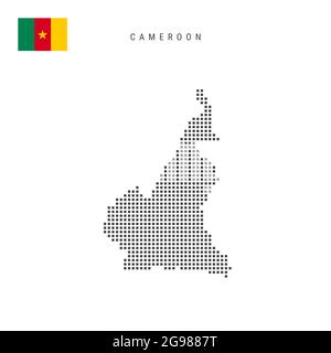 Mappa dei motivi a punti quadrati del Camerun. Mappa dei pixel punteggiati Camerunesi con bandiera nazionale isolata su sfondo bianco. Illustrazione vettoriale. Illustrazione Vettoriale