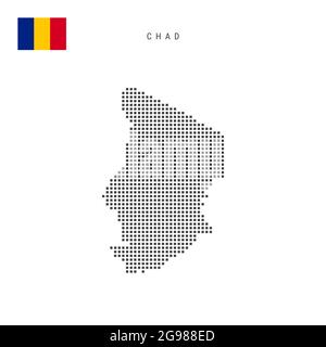 Mappa dei motivi a punti quadrati del Ciad. Mappa dei pixel punteggiati Chadian con bandiera nazionale isolata su sfondo bianco. Illustrazione vettoriale. Illustrazione Vettoriale