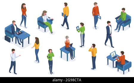 Persone isometriche con gadget. Caratteri per ufficio che funzionano con smartphone, computer portatili e tablet insieme di illustrazioni vettoriali. Uomini d'affari e gadget Illustrazione Vettoriale