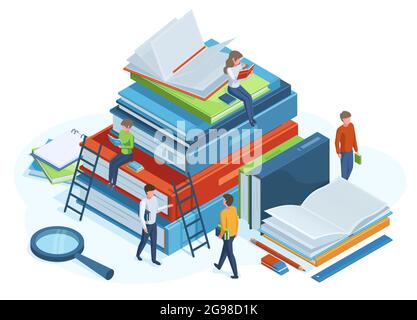 Concetto di libri isometrici. Leggere persone su enorme pila 3d di libri, uomini e donne caratteri leggere libri vettoriali illustrazione. Concetto isometrico della libreria Illustrazione Vettoriale