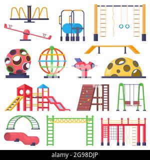 Scale all'aperto per bambini, giostra e parco giochi con swing. Parco divertimenti per bambini collina, scivolo, attrezzatura da bilanciamento, set di illustrazioni vettoriali. Parco giochi Illustrazione Vettoriale