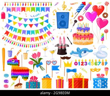 Buon compleanno sorpresa festa cartoni animati presenta e dolci. Torta di compleanno, regali e pinata vettore illustrazione set. Simboli di festa di compleanno Illustrazione Vettoriale