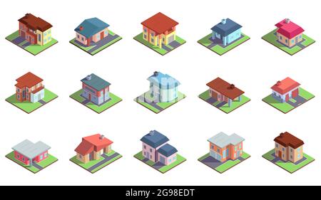 Moderni edifici residenziali di campagna suburbana isometrica. Proprietà privata, case cittadine edifici vettoriali illustrazione set. Paese confortevole Illustrazione Vettoriale