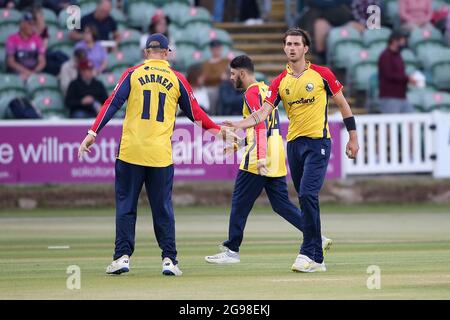 Jack Plom of Essex celebra la presa del wicket di Marchant de Lange durante Somerset vs Essex Eagles, Vitality Blast T20 Cricket al Cooper Associa Foto Stock