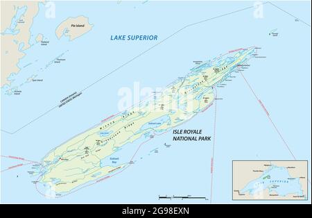 Mappa vettoriale dell'Isle Royale National Park nel lago Superior, Michigan, USA Illustrazione Vettoriale