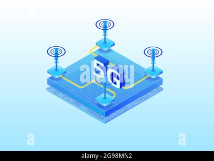 Concetto di rete mobile di telefonia moderna 5G. Illustrazione vettoriale 3D isometrica di un'infrastruttura 5G. Illustrazione Vettoriale