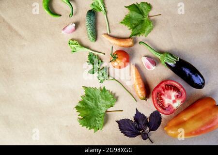 Composizione vegetale: Barbabietola, basilico, melanzane, prezzemolo, peperone, pepe caldo, patate, cetriolo, carote. Ricetta vegetale italiana. Veganism concetto food.Top vista, copia spazio. Foto di alta qualità Foto Stock