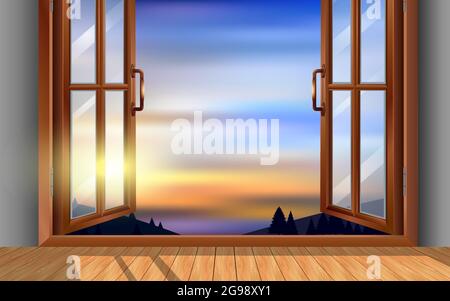 tavolo di legno alle finestre di legno nella casa sulla moutain al mattino Illustrazione Vettoriale