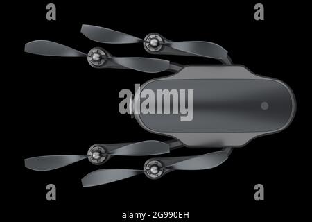 Drone o quadricottero per foto e video volanti con Action Camera isolata su sfondo nero. Rendering 3D del dispositivo per la consegna o fotografia aerea Foto Stock