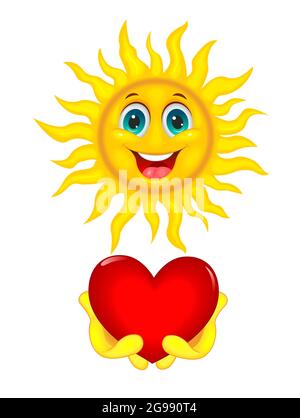 Un sole fumetto sorridente su sfondo bianco. Il sole tiene un cuore rosso nelle sue mani. Illustrazione Vettoriale