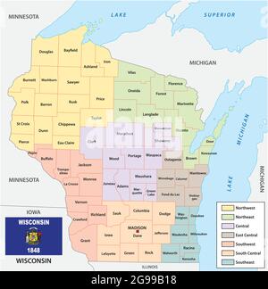 Mappa vettoriale delle regioni dello stato USA del Wisconsin con bandiera Illustrazione Vettoriale