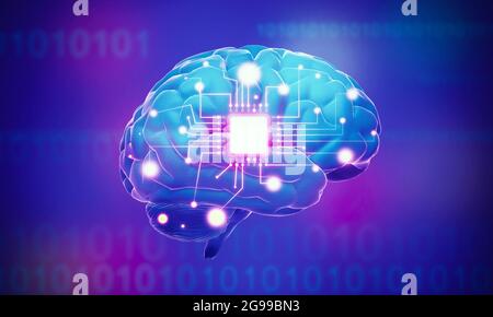 Un cervello artificiale e un microprocessore sullo sfondo blu; il concetto di intelligenza artificiale Foto Stock