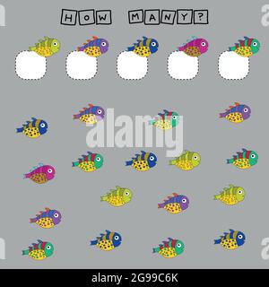 Sviluppare attività per i bambini, contare come molti pesci carino colorati. Gioco di logica per i bambini. Illustrazione Vettoriale