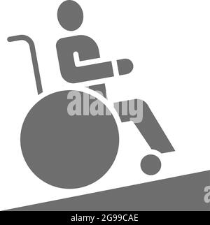 Uomo in sedia a rotelle, rampa per sedia a rotelle, persone con problemi di mobilità icona grigia. Illustrazione Vettoriale