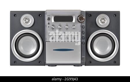 Sistema stereo compatto e lettore cd e cassette con radio isolata su sfondo bianco Foto Stock