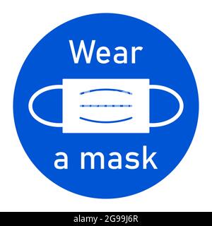 Indossare un'icona di avvertenza maschera rotonda con testo. Immagine vettoriale. Illustrazione Vettoriale