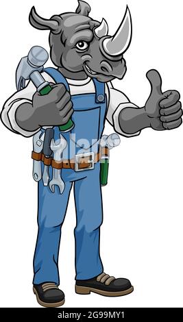 Rhino Mascot Carpenter Handman Holding Hammer Illustrazione Vettoriale