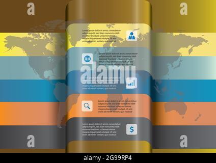 Modello di infografica della mappa mondiale. Concetto globale di business e finanziario. Disegno vettoriale e di illustrazione. Illustrazione Vettoriale