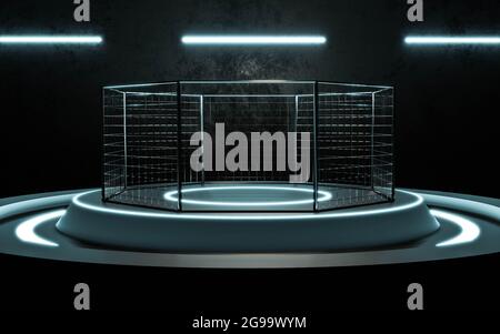 Gabbia MMA in cemento industriale scuro sfondo sala e illuminazione brillante 3d rappresentazione illustrazione Foto Stock