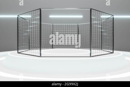 MMA gabbia di lotta arena in cemento industriale hall sfondo 3d rappresentazione illustrazione Foto Stock