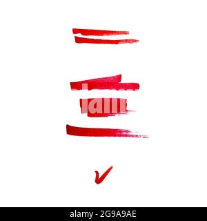 Grunge tratti rossi disegno pennarello pennarello illustrazione. Set di penne a pennello con segno di spunta rosso. Linee di schizzo disegnate a mano, tratti di marker vuoti. Foto Stock