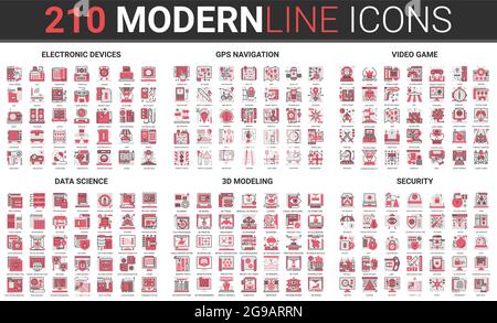 Dispositivi per videogiochi, educazione ai dati scientifici, sicurezza internet, set di illustrazioni vettoriali con icone di linea nera sottile. Delineare la tecnologia di cybersecurity della rete, la modellazione 3d, la navigazione gps dei viaggi Illustrazione Vettoriale