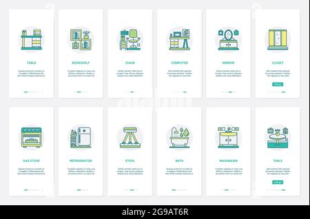 Mobili per cucina, bagno, soggiorno, studio interno illustrazione vettoriale. UX, UI onboarding mobile app page set con linea computer sedia tavolo gas stufa sgabello frigorifero Illustrazione Vettoriale