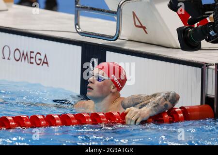 Tokyo, Giappone. 25 luglio 2021. Adam Peaty of Great Britain compete nel Breastroke di 50m il Tokyo Aquatics Center, durante i Giochi Olimpici estivi di Tokyo, Giappone, domenica 25 luglio 2021. Foto di Tasos Katopodis/UPI. Credit: UPI/Alamy Live News Foto Stock