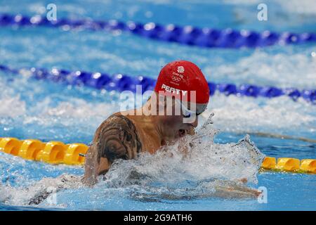 Tokyo, Giappone. 25 luglio 2021. Adam Peaty of Great Britain compete nel Breastroke di 50m il Tokyo Aquatics Center, durante i Giochi Olimpici estivi di Tokyo, Giappone, domenica 25 luglio 2021. Foto di Tasos Katopodis/UPI. Credit: UPI/Alamy Live News Foto Stock