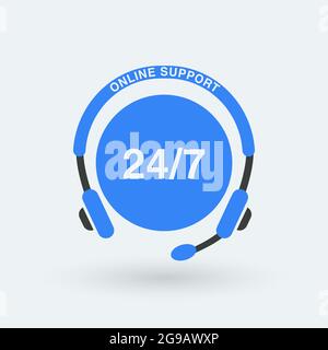 Supporto 24 ore icona piatta isolato su sfondo bianco. Servizio di assistenza con cuffie. Icona Assistenza clienti. Consultazione, telemarketing Illustrazione Vettoriale