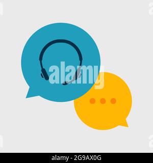 Servizio di supporto online. Cuffie con microfono e bolla vocale chat. Icona di consultazione del cliente per e-commerce o elearning. Hotline vettoriale Illustrazione Vettoriale