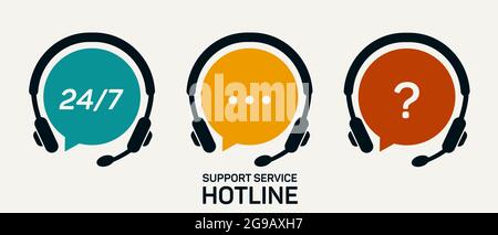 Servizio di assistenza clienti. Icone vettoriali chat. Simboli del call center. Simboli delle cuffie. Concetto di hotline. Illustrazione vettoriale. Illustrazione Vettoriale