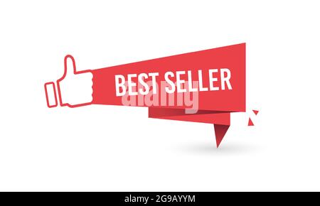 Fregio con pollice in alto. Segno del Best seller di raccomandazione. Adesivo Bestseller. Badge banner di vendita. 4K Illustrazione Vettoriale